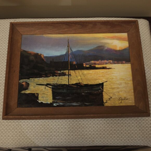 Vintage Nautical Sunset Painting Framed Coastal Scene by Gallo - Picture 1 of 5